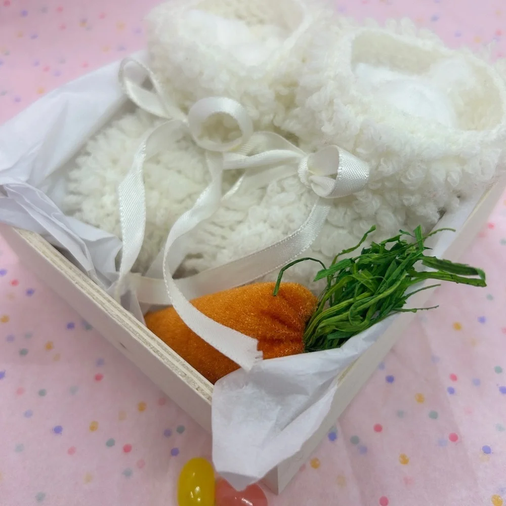 Baby’s First Easter Gift Set – Handmade Booties /Keepsake Box w/ Plush Carrot